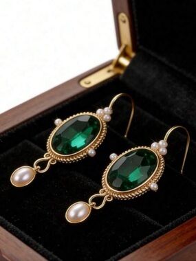 REVOLVE Gold-Tone Emerald Green Oval Drop Earrings with Pearl Dangles